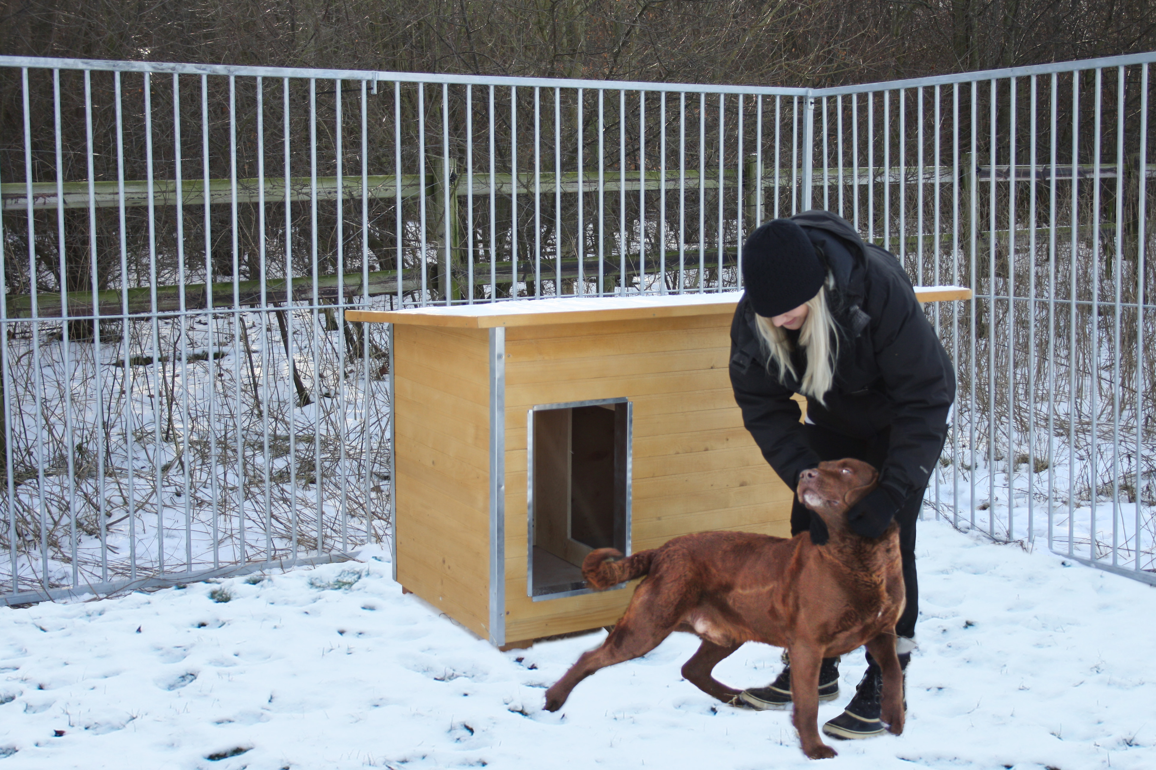 En kvinde klapper en hund i en snedækket hundegård. Bag dem ses et hundehus i træ.